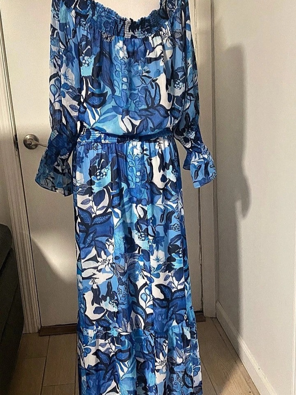 Chico's Blue Floral Smocked Maxi Dress Blue & White Size 12